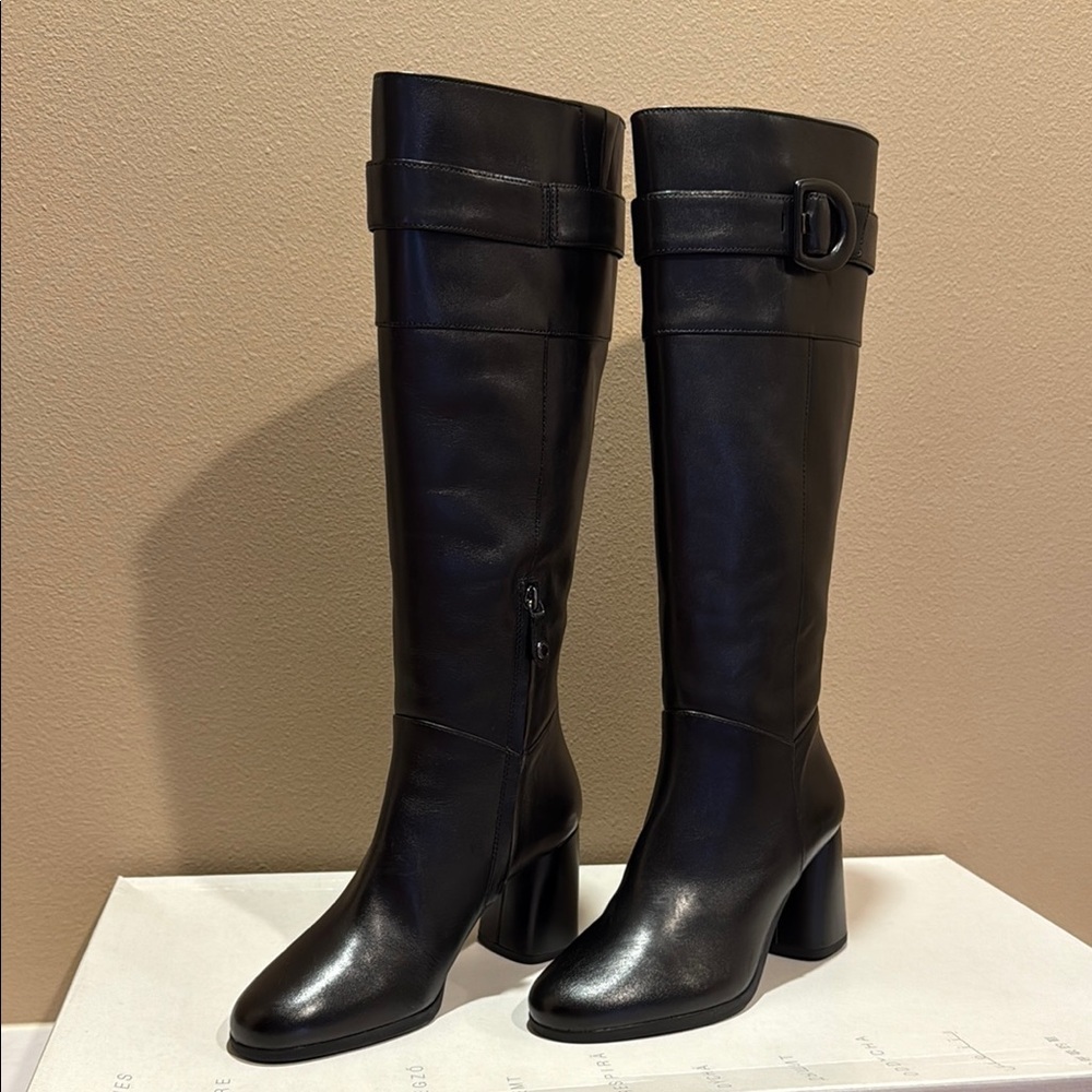 Geox Black Heeled Italian Leather Riding Boots Sleek Design US 8.5 - Picture 10 of 15